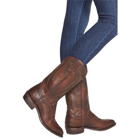 1980s VINTAGE Frye Austin Tan Leather Floral Embroidered Cowboy Western Boot - Picture 3 of 16